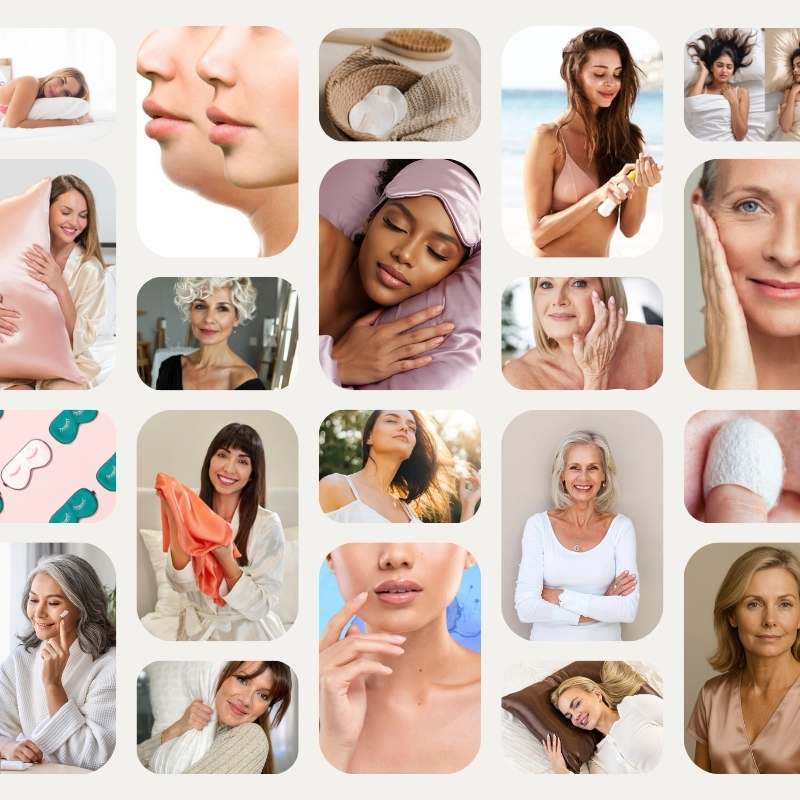 Collage of diverse women using anti-aging skincare products, sunscreen, and silk accessories to reduce wrinkles and support radiant, younger-looking skin.