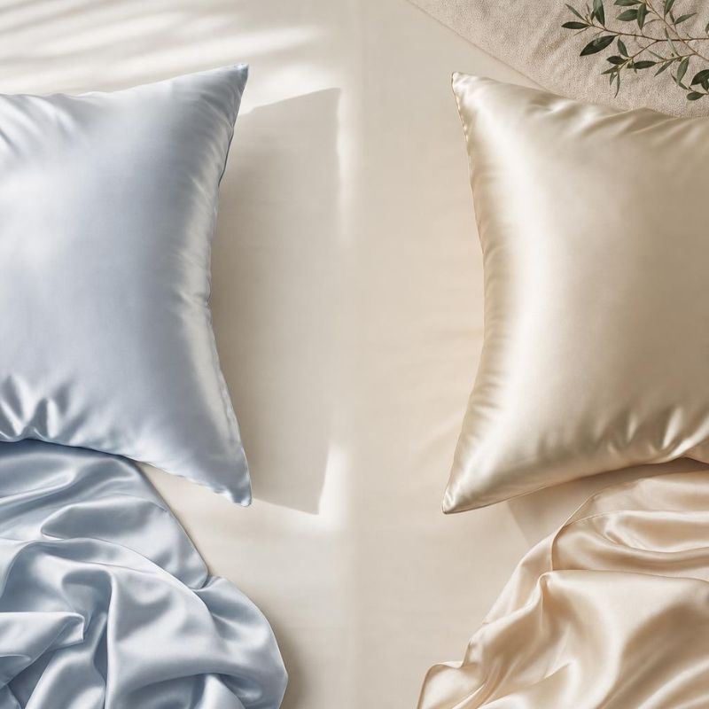 Blue and ivory mulberry silk pillowcases with buttery soft silk material and a smooth, lustrous finish