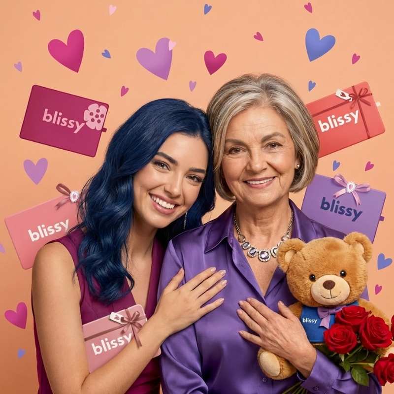 Daughter and older mother smiling with a curated Valentine collection of Blissy boxes, roses, and a teddy bear