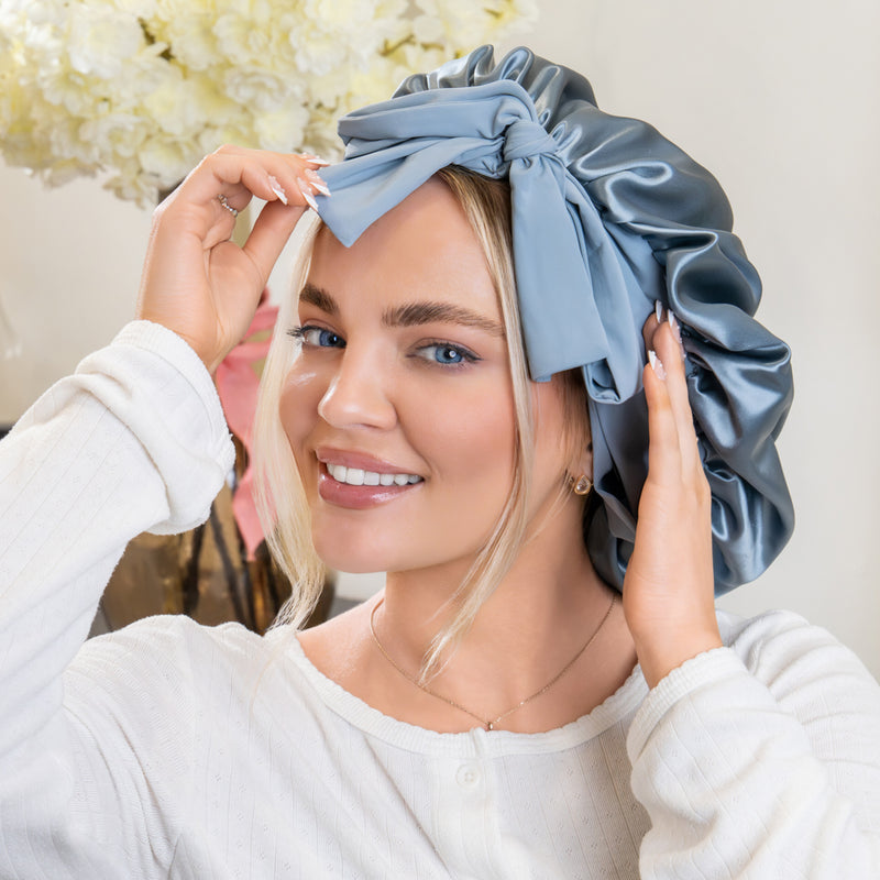 Blissy Bow Bonnet - Ash blue - Blissy Ash Blue Silk Blissy Bow Bonnet Detail –