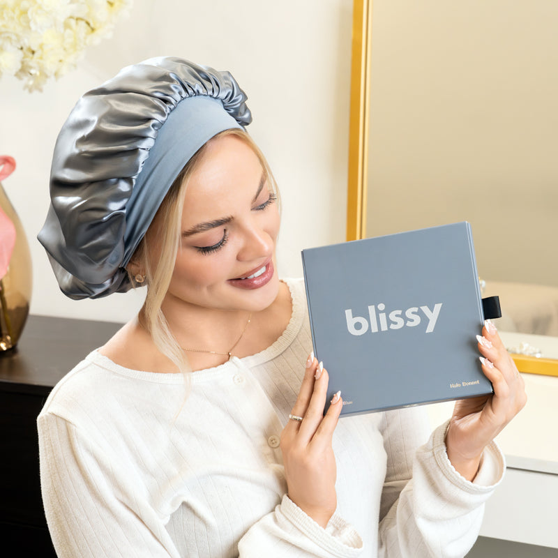 Blissy Halo Bonnet - Ash blue - Ash Blue Blissy Halo Bonnet Close-Up – Blissy 22 Momme Silk