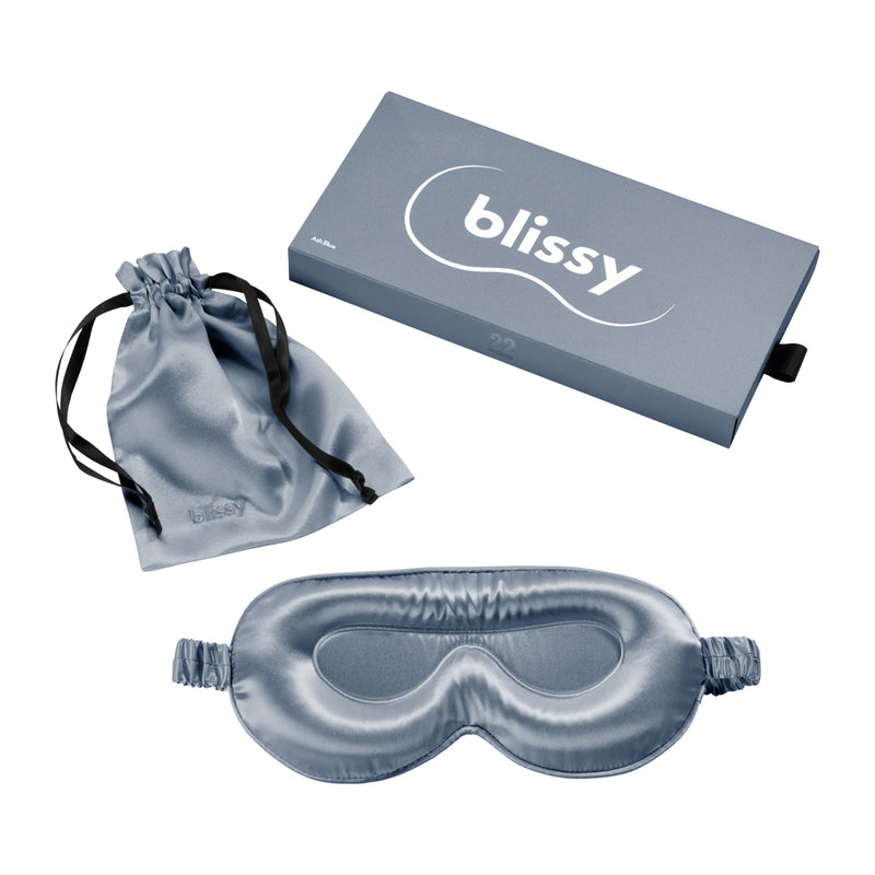 Sleep Mask - Ash blue - Profile - Blissy Ash Blue Sleep Mask – 22 Momme Mulberry Silk, 100% Silk