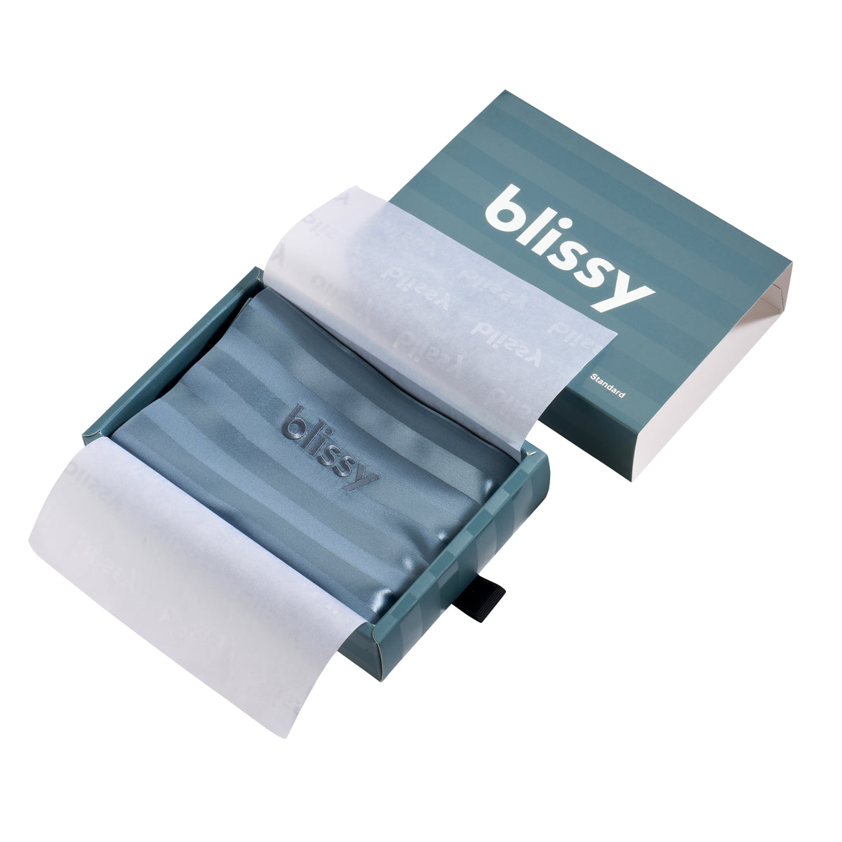 Blissy King Ash Blue Striped Pillowcase Lifestyle – Mulberry Silk
