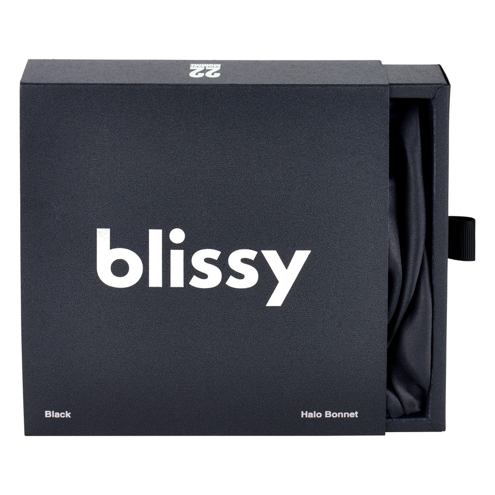 Black Blissy Halo Bonnet Close-Up – Blissy 22 Momme Silk
