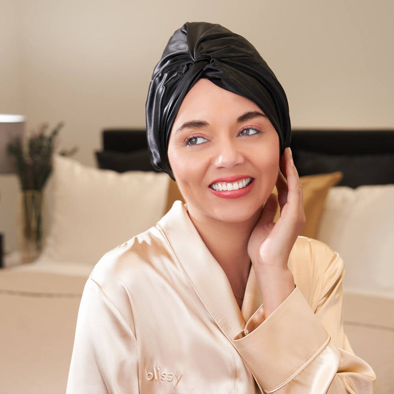 Blissy Bonnet - Black - Large - Black Mulberry Silk Blissy Bonnet – Blissy Large