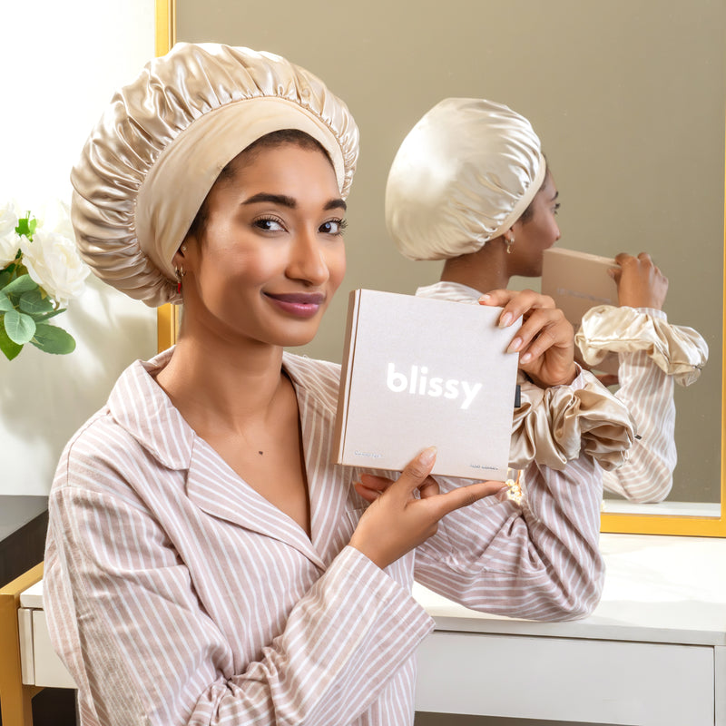 Blissy Halo Bonnet -   Champagne - Blissy 100% Mulberry Silk Blissy Silk Halo Bonnet Lifestyle – Mulberry Silk