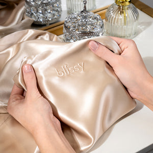 Blissy Queen Champagne Crescent Pillowcase Lifestyle – Mulberry Silk