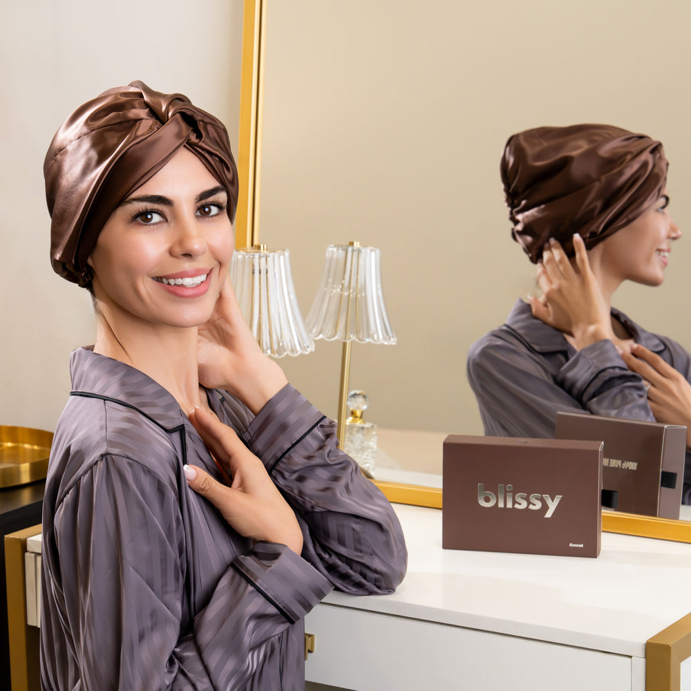 Chocolate Blissy Bonnet Close-Up – Blissy 22 Momme Silk