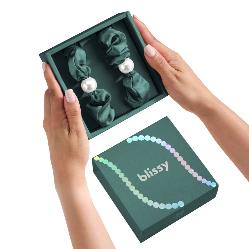 Blissy Pearl Scrunchies - Emerald - Blissy Emerald Blissy Pearl Scrunchies – 22 Momme Mulberry Silk, 100% Silk