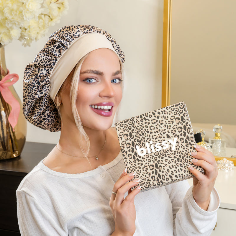 Blissy Halo Bonnet - Leopard - Blissy Leopard Blissy Halo Bonnet Lifestyle – Mulberry Silk