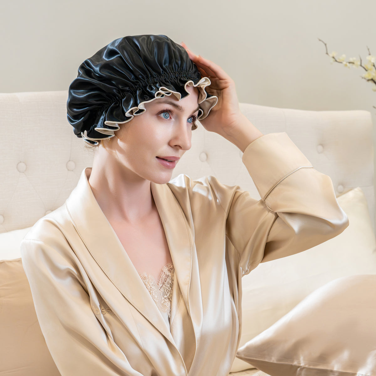 Blissy Champagne/Black Ruffle Bonnet – 22 Momme Mulberry Silk, 100% Silk – Lifestyle