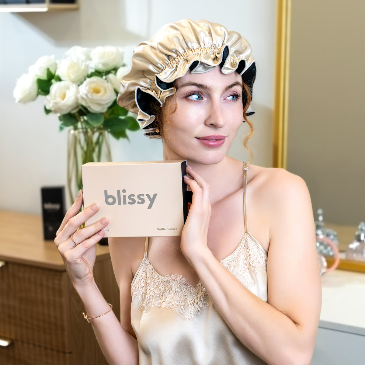 Blissy Champagne/Black Ruffle Bonnet – 22 Momme Mulberry Silk, 100% Silk – Lifestyle