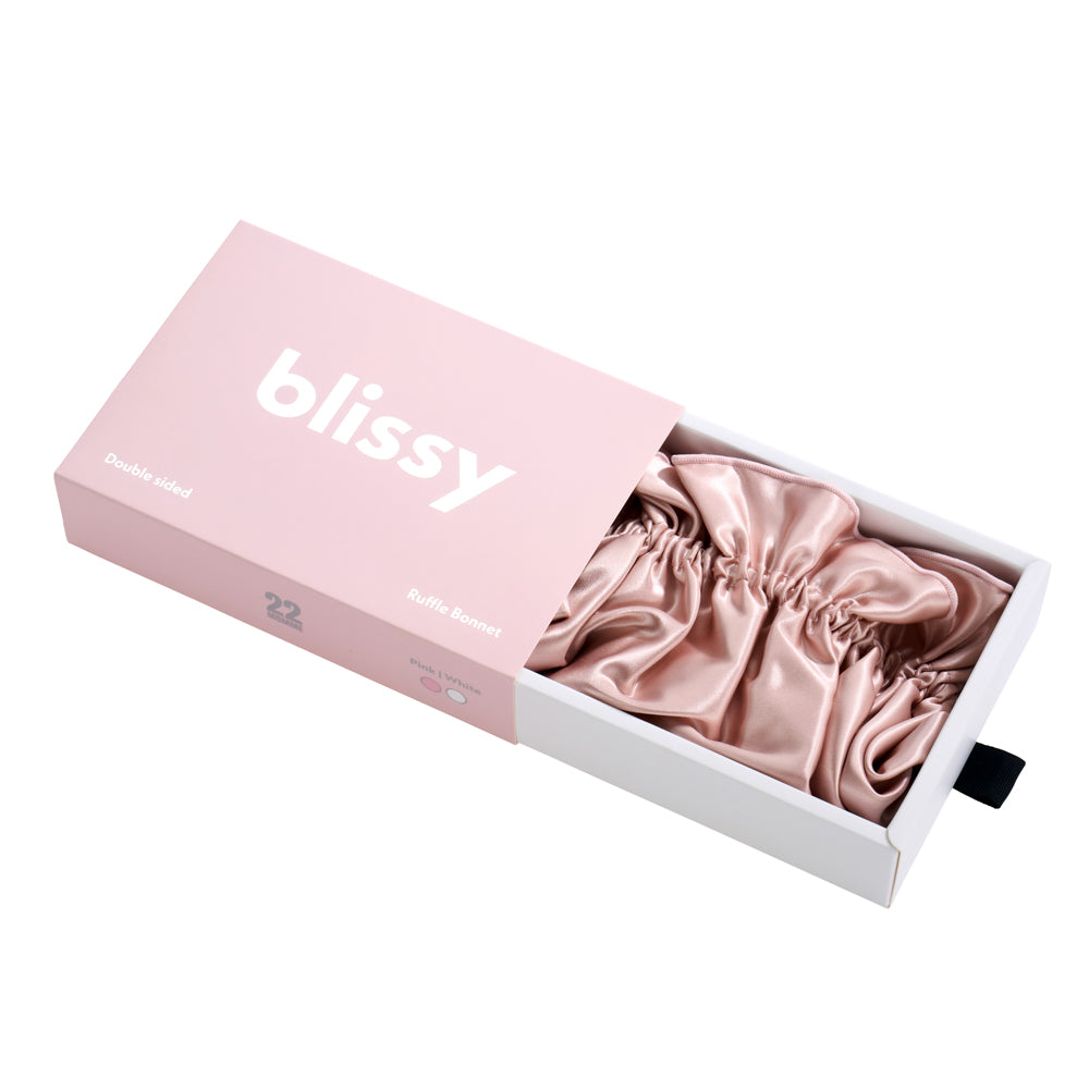 Blissy Pink/White Ruffle Bonnet – 22 Momme Mulberry Silk, 100% Silk