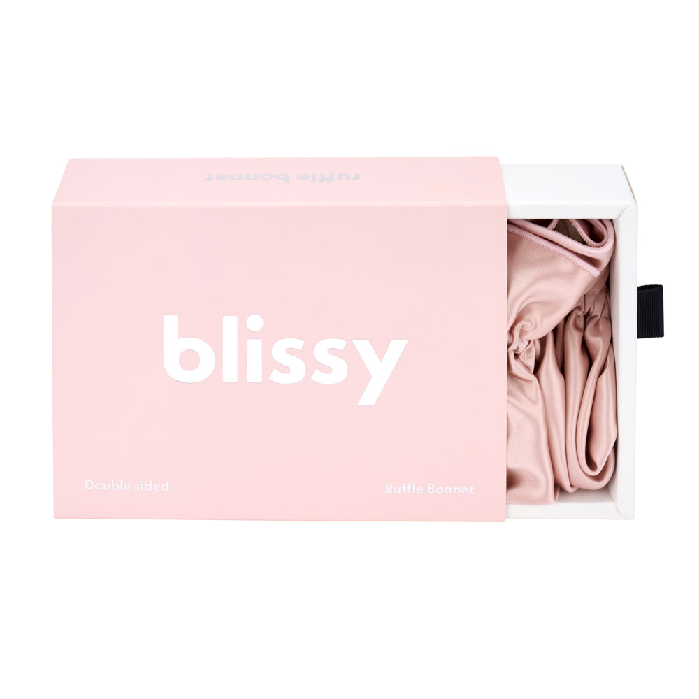 Blissy Pink/White Ruffle Bonnet – 22 Momme Mulberry Silk, 100% Silk
