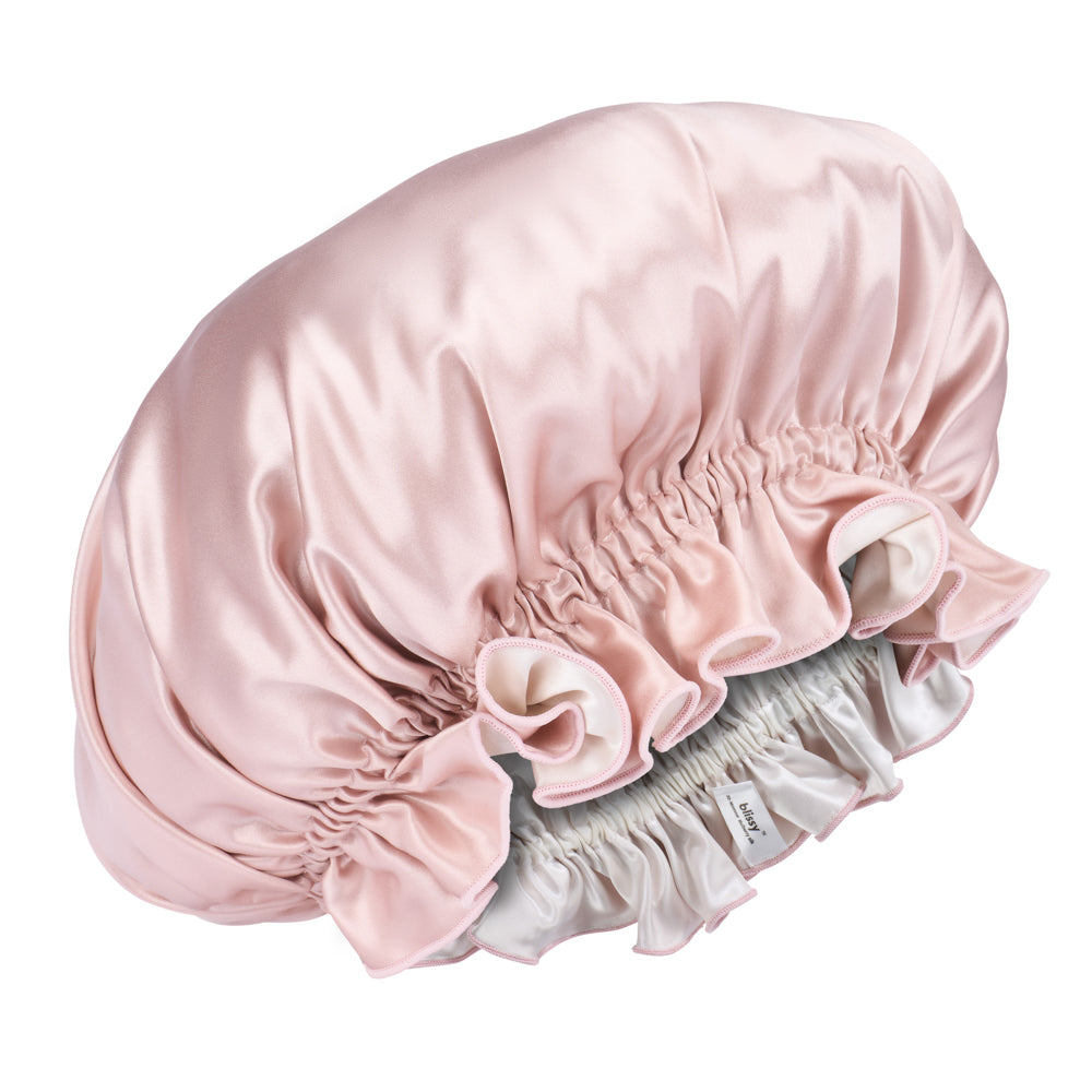 Blissy Pink/White Ruffle Bonnet – 22 Momme Mulberry Silk, 100% Silk