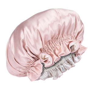 Blissy Ruffle Bonnet - Pink/White - Blissy Pink/White Ruffle Bonnet – 22 Momme Mulberry Silk, 100% Silk