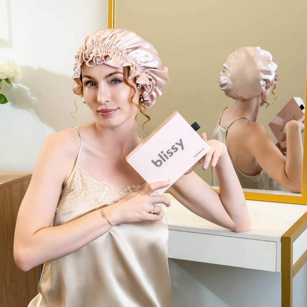 Blissy Pink/White Ruffle Bonnet – 22 Momme Mulberry Silk, 100% Silk – Lifestyle