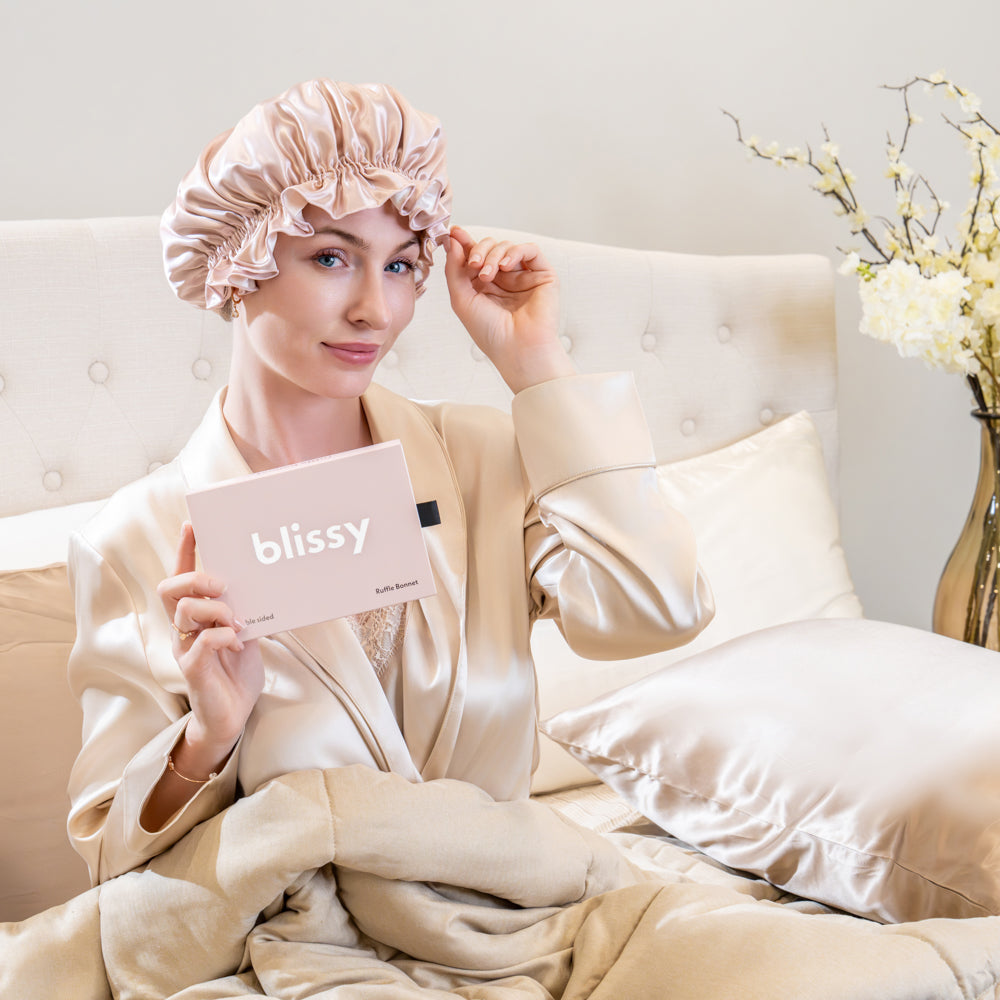 Blissy Pink/White Ruffle Bonnet – 22 Momme Mulberry Silk, 100% Silk – Lifestyle
