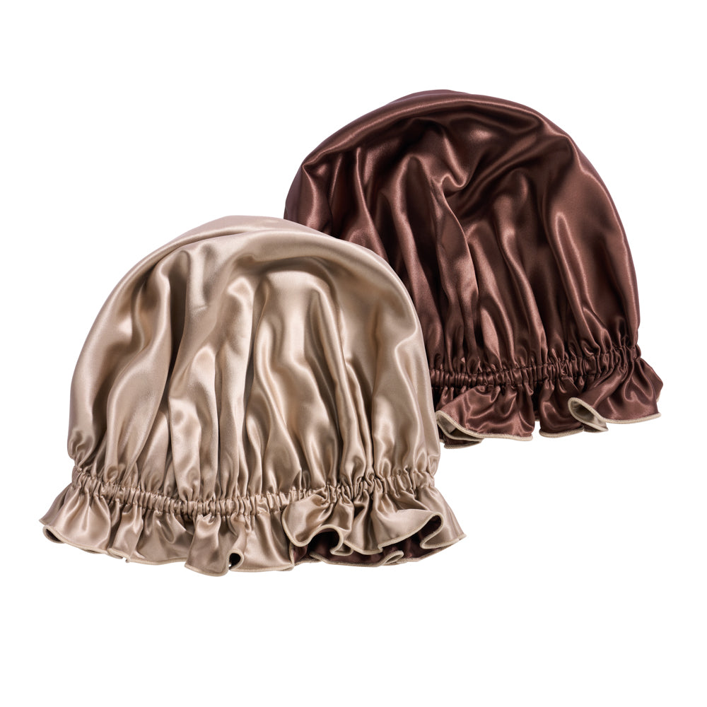 Blissy Taupe/Chocolate Ruffle Bonnet – 22 Momme Mulberry Silk, 100% Silk