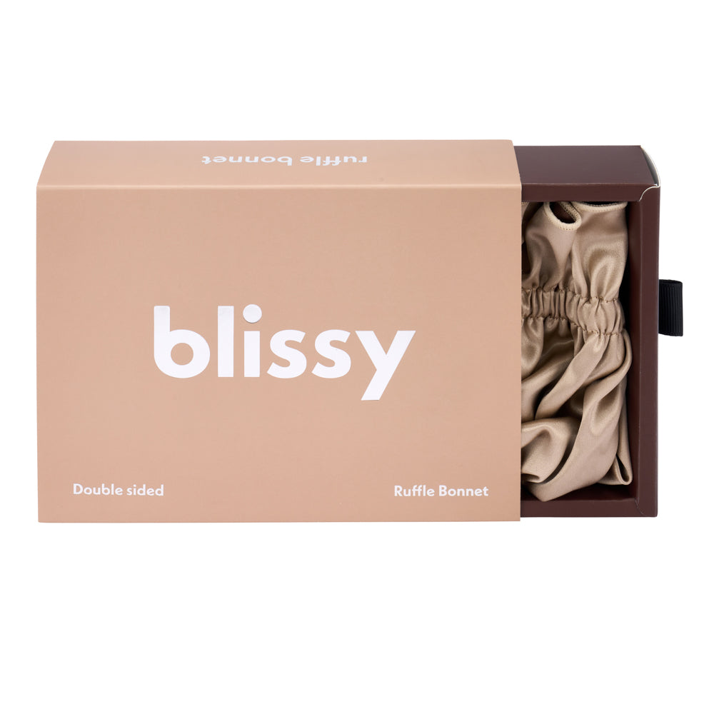 Blissy Taupe/Chocolate Ruffle Bonnet – 22 Momme Mulberry Silk, 100% Silk