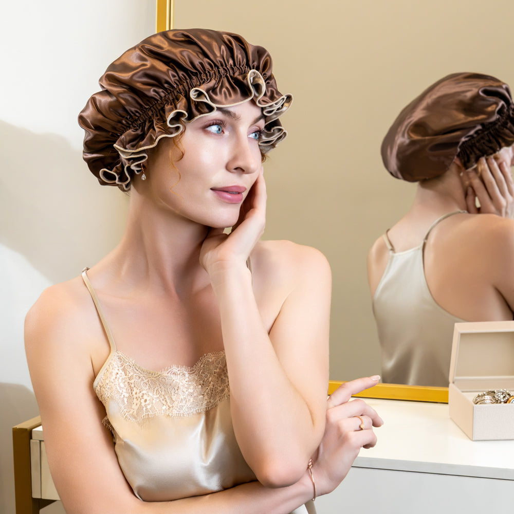 Blissy Taupe/Chocolate Ruffle Bonnet – 22 Momme Mulberry Silk, 100% Silk – Lifestyle