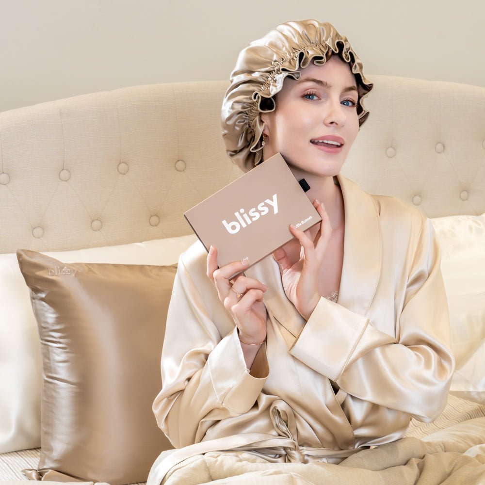 Blissy Taupe/Chocolate Ruffle Bonnet – 22 Momme Mulberry Silk, 100% Silk – Lifestyle