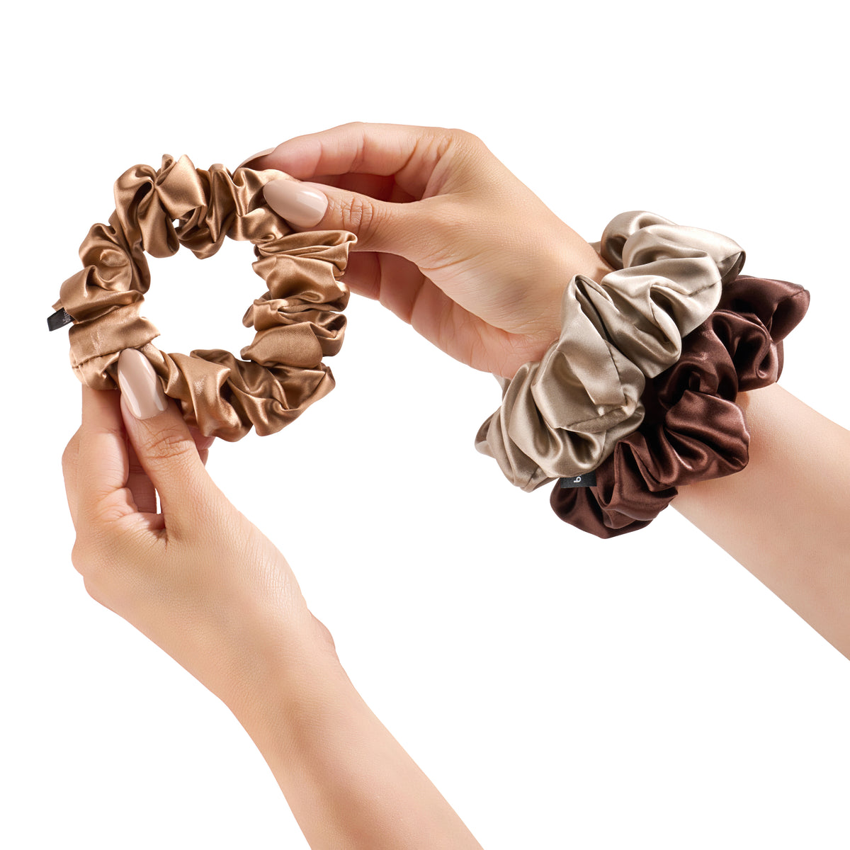 Blissy Taupe, Cinnamon, Brown Silk Blissy Scrunchies Detail –