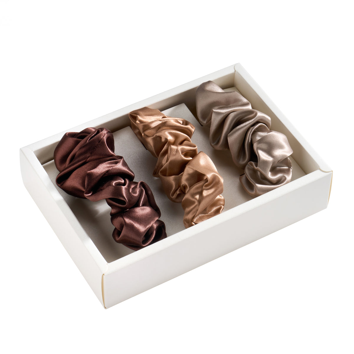 Taupe, Cinnamon, Brown Blissy Scrunchies Close-Up – Blissy 22 Momme Silk