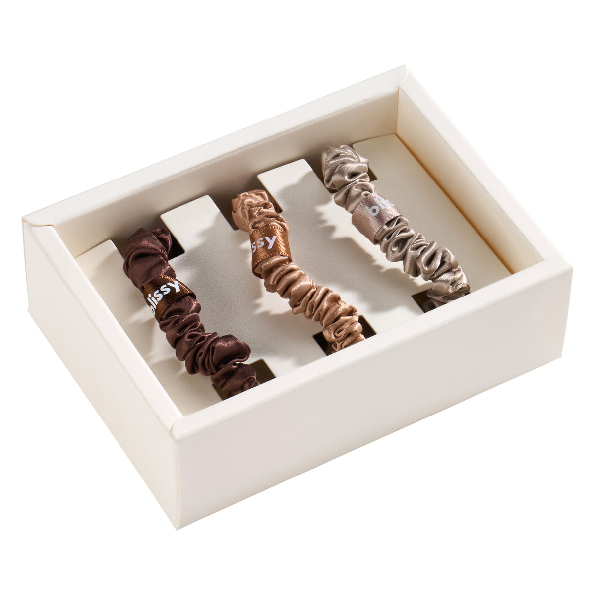 Taupe, Cinnamon, Brown Mulberry Silk Blissy Skinny Scrunchies – Blissy