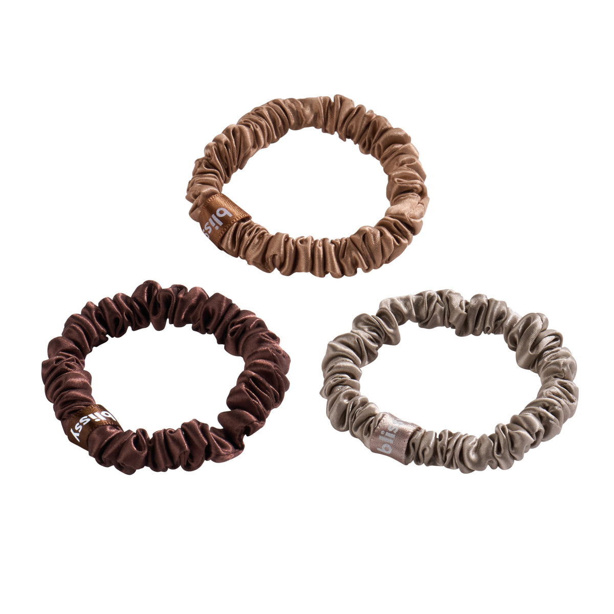 Blissy Mulberry Silk Blissy Skinny Scrunchies – Taupe, Cinnamon, Brown