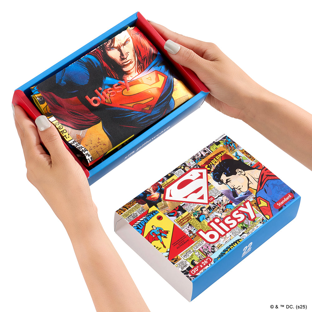 Superman Comic Pillowcase Close-Up – Blissy 22 Momme Silk