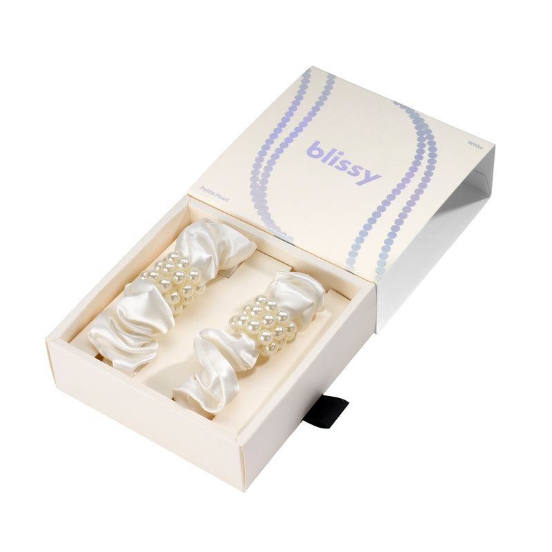 Blissy Petite Pearl Scrunchies - White - Blissy White Blissy Petite Pearl Scrunchies – 22 Momme Mulberry Silk, 100% Silk