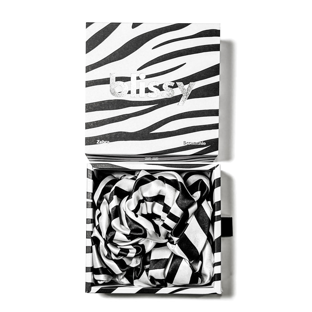 Zebra Blissy Oversized Scrunchie Close-Up – Blissy 22 Momme Silk