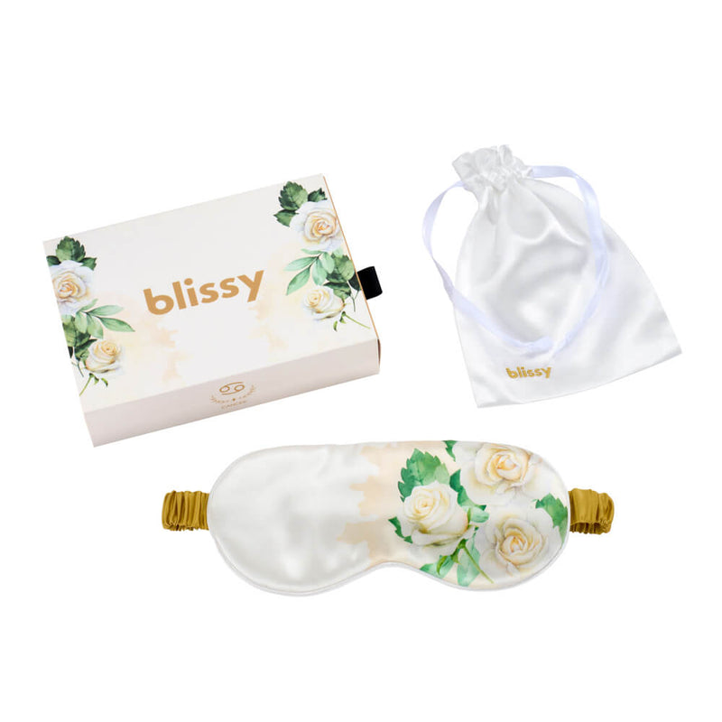 Sleep Mask - Zodiac Flower - Cancer White Rose - Blissy Zodiac Flower Sleep Mask – 22 Momme Mulberry Silk, 100% Silk