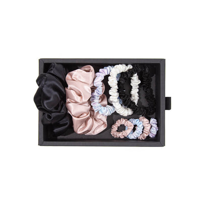 Black, White, Pink, Tie-Dye Mulberry Silk Blissy Scrunchies 9-Piece Set – Blissy
