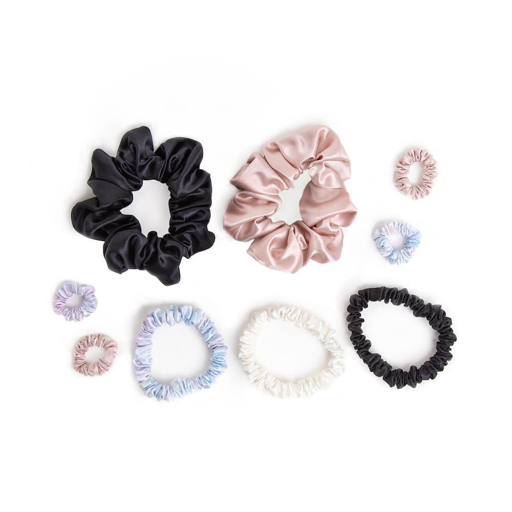Blissy Black, White, Pink, Tie-Dye Silk Blissy Scrunchies 9-Piece Set Detail –