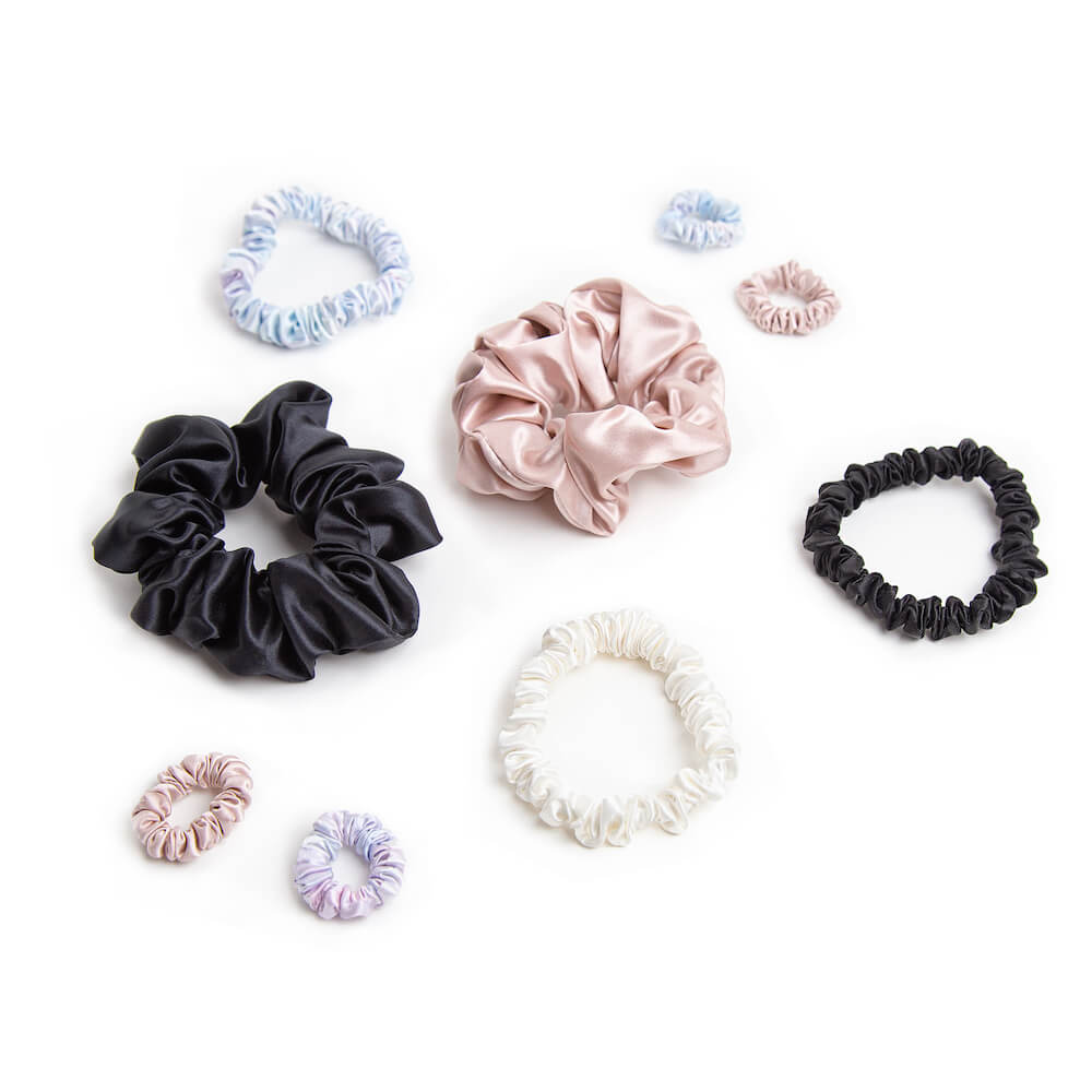 Blissy Black, White, Pink, Tie-Dye Blissy Scrunchies 9-Piece Set Lifestyle – Mulberry Silk