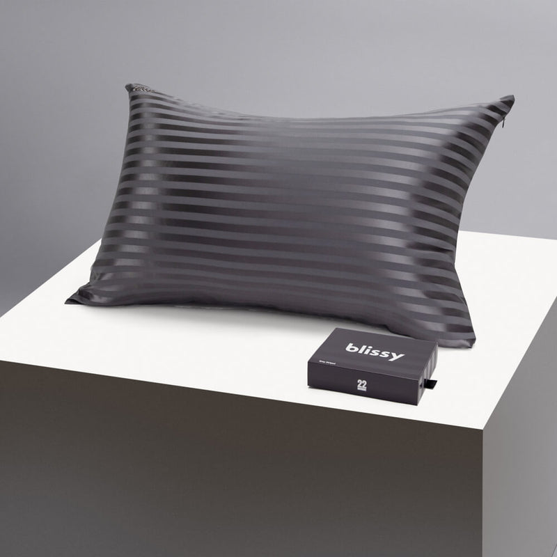 Pillowcase - Grey Striped - Queen - Blissy Queen Grey Striped Pillowcase – 22 Momme Mulberry Silk, 100% Silk
