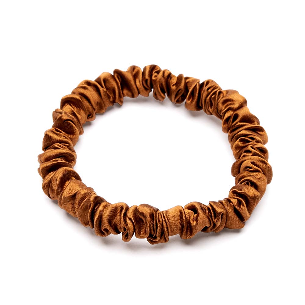 Bronze Blissy Skinny Scrunchies Close-Up – Blissy 22 Momme Silk