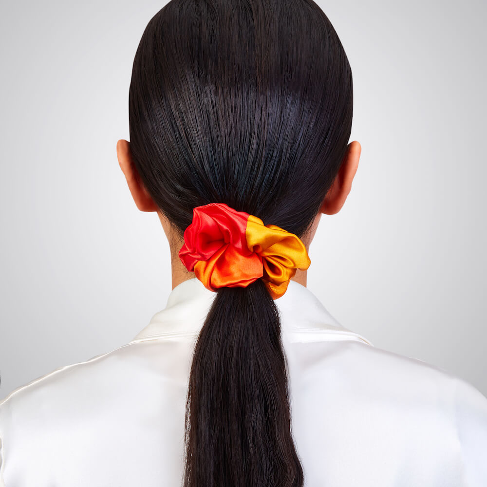 Orange Ombre Blissy Scrunchies Close-Up – Blissy 22 Momme Silk