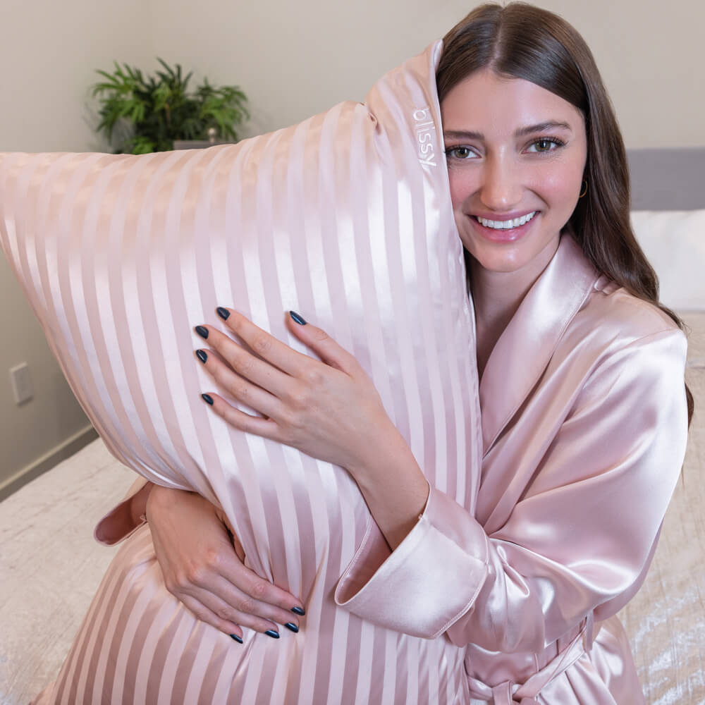 Blissy Queen Pink Striped Pillowcase Lifestyle – Mulberry Silk