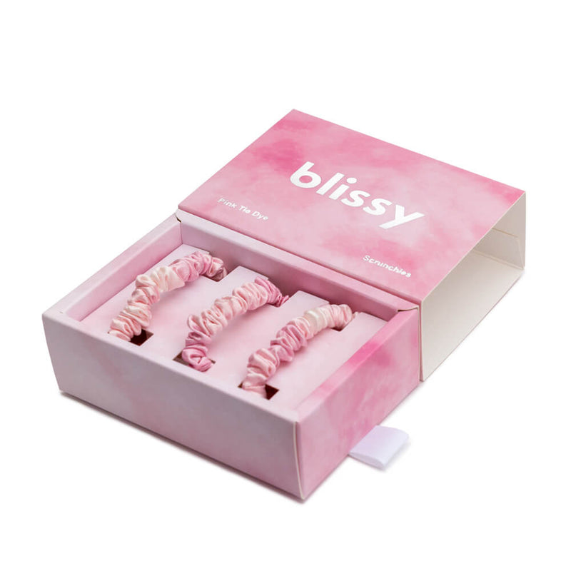 Blissy Skinny Scrunchies - Pink Tie-Dye - Blissy Pink Tie-Dye Blissy Skinny Scrunchies – 22 Momme Mulberry Silk, 100% Silk
