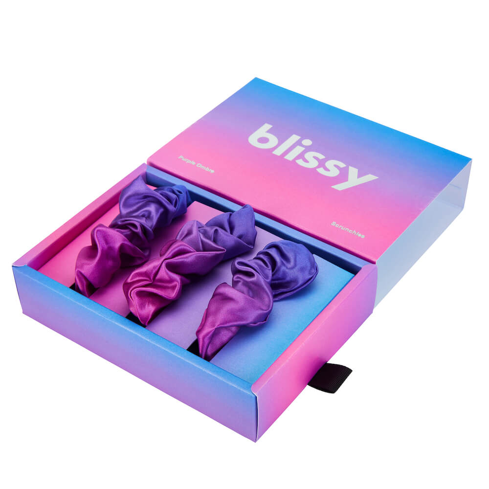 Blissy Purple Ombre Blissy Scrunchies – 22 Momme Mulberry Silk, 100% Silk