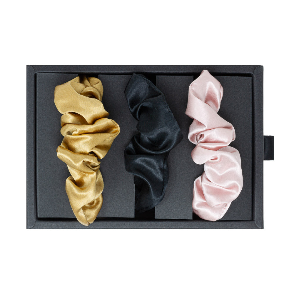 Blissy Black, Gold, Pink Silk Blissy Scrunchies Detail –