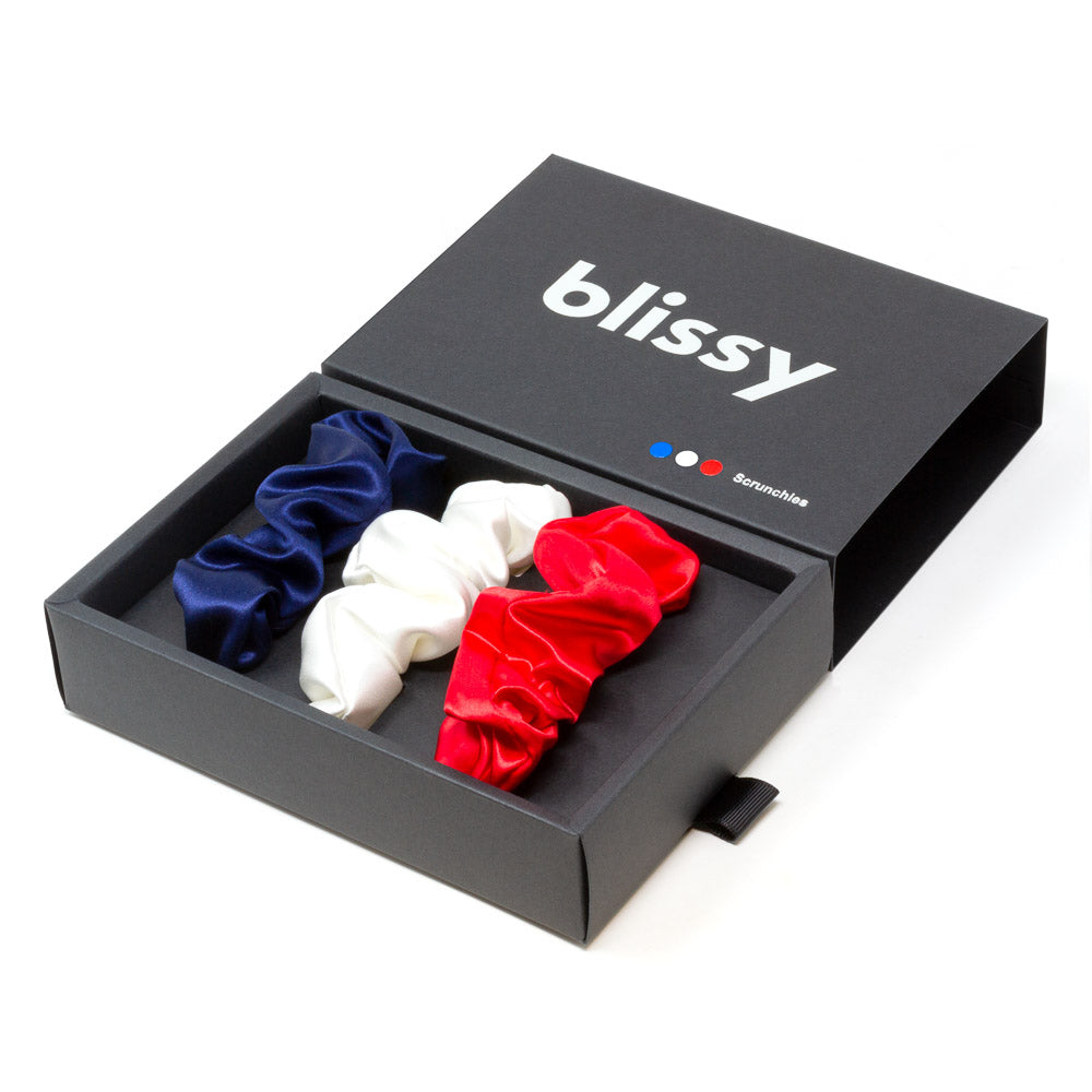 Blissy Red, White, Blue Blissy Scrunchies – 22 Momme Mulberry Silk, 100% Silk