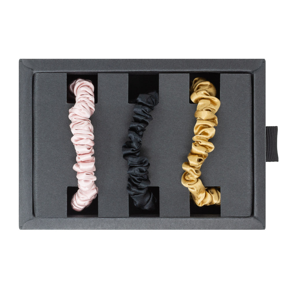Blissy Black, Gold, Pink Silk Blissy Skinny Scrunchies Detail –